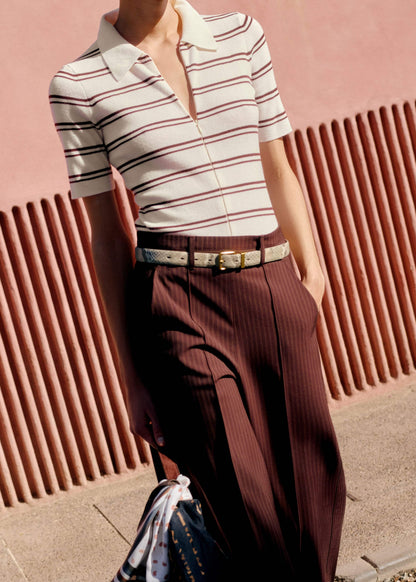 Cream Two-Way Zip Stripe Slim Tee