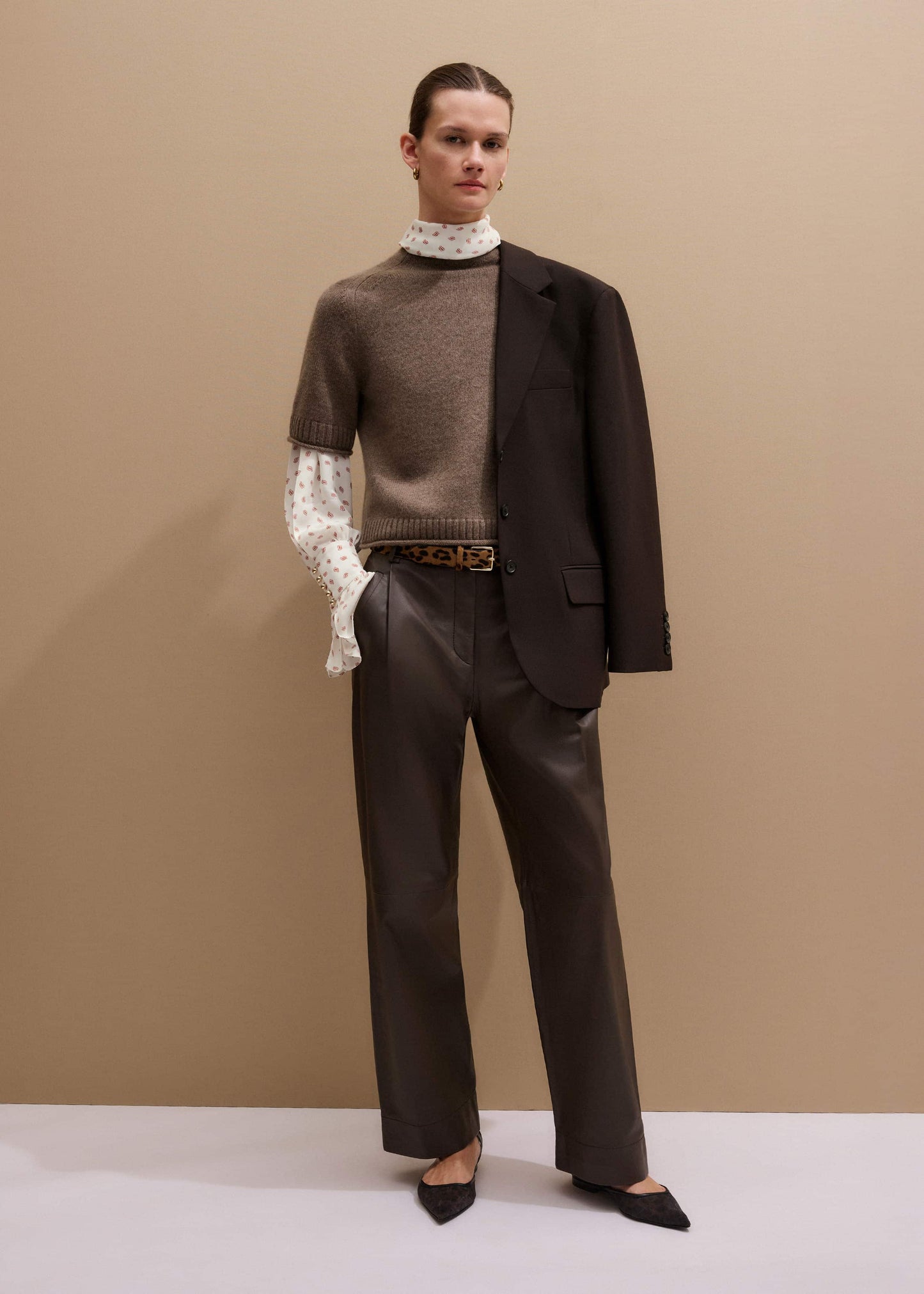 Brown Cashmere Roll Trim Knit Tee