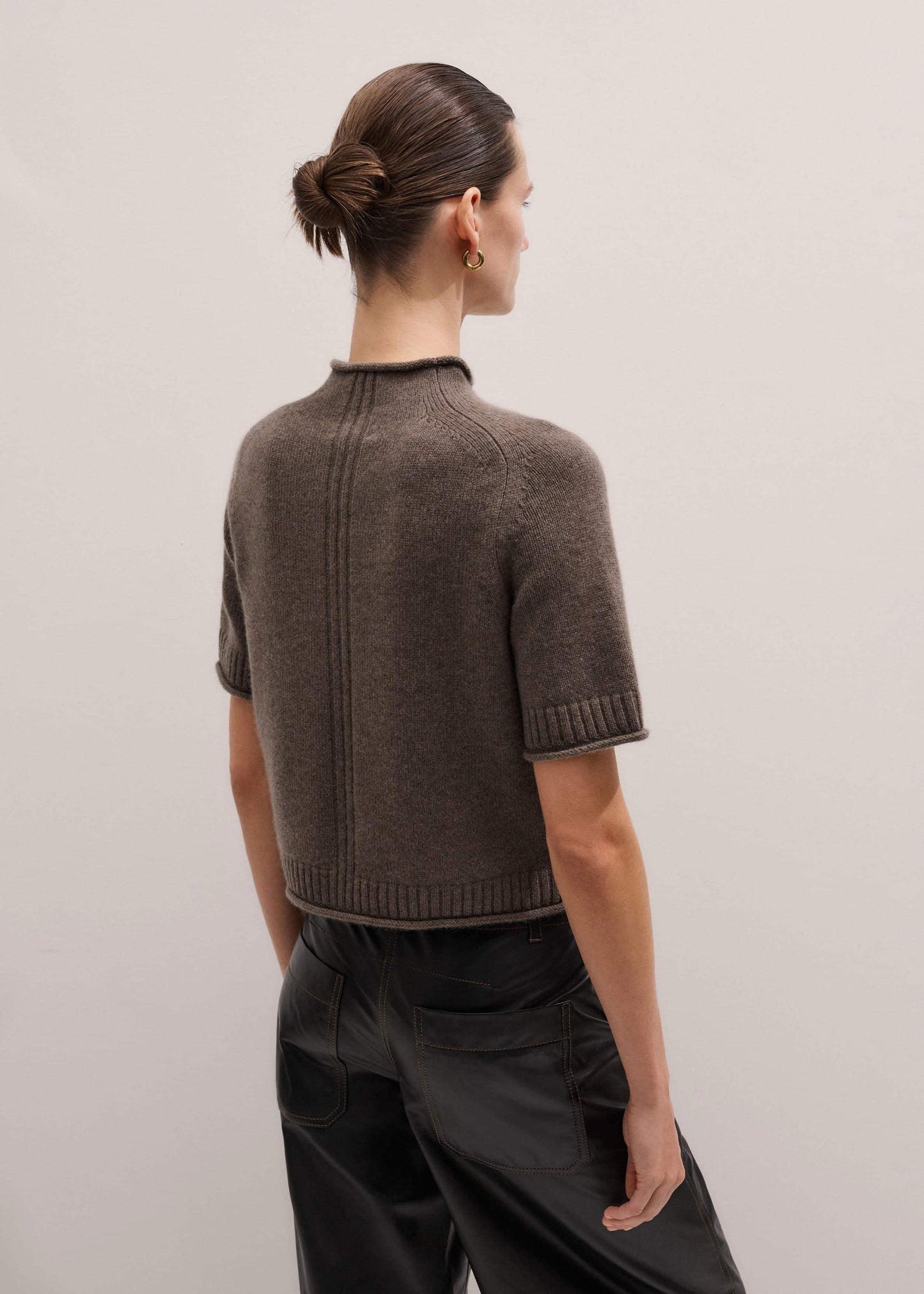 Brown Cashmere Roll Trim Knit Tee