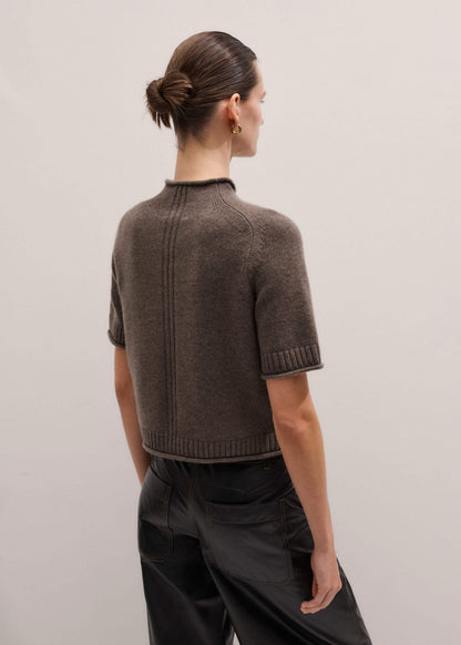 Brown Cashmere Roll Trim Knit Tee