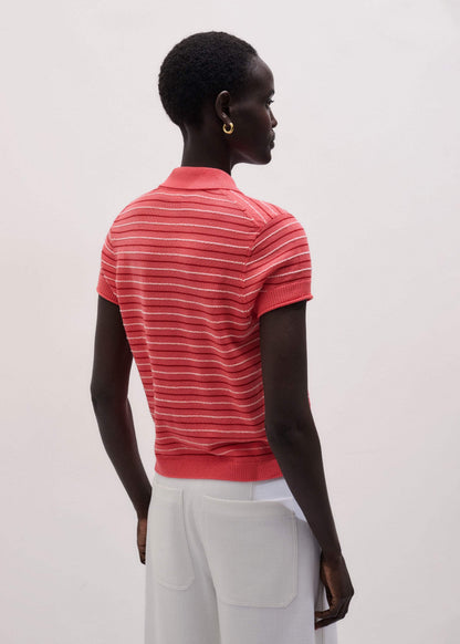 Pink Textured Stripe Straight Sporty Smart Polo Tee