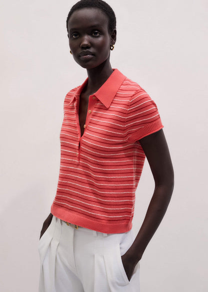 Pink Textured Stripe Straight Sporty Smart Polo Tee