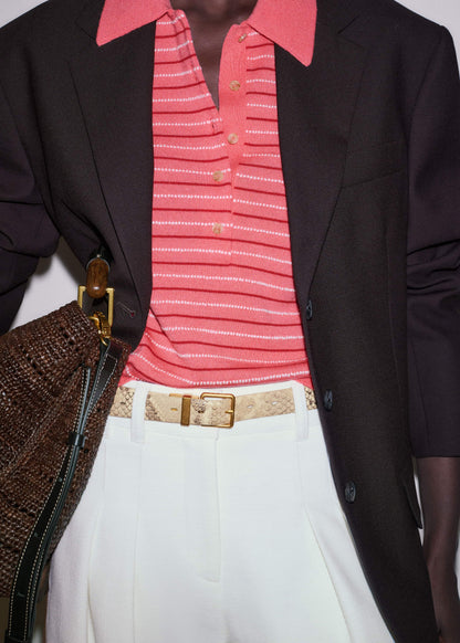 Pink Textured Stripe Straight Sporty Smart Polo Tee
