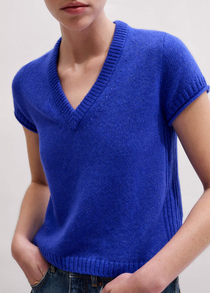 Blue Merino Cashmere Silk V-Neck Baby Tee