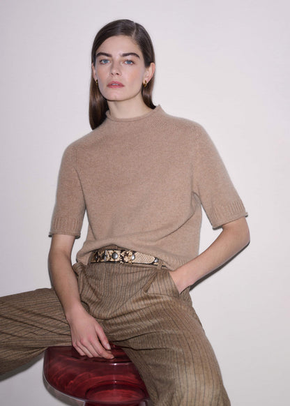 Brown Cashmere Roll Trim Knit Tee