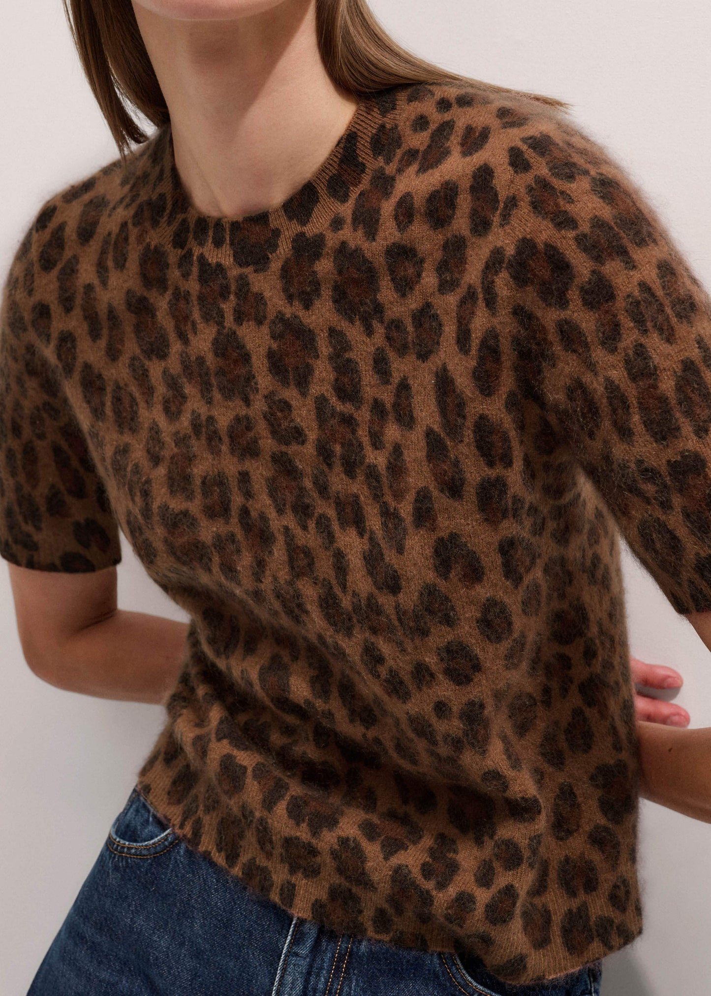 Brown Merino Cashmere Leopard Print Straight Knit Tee