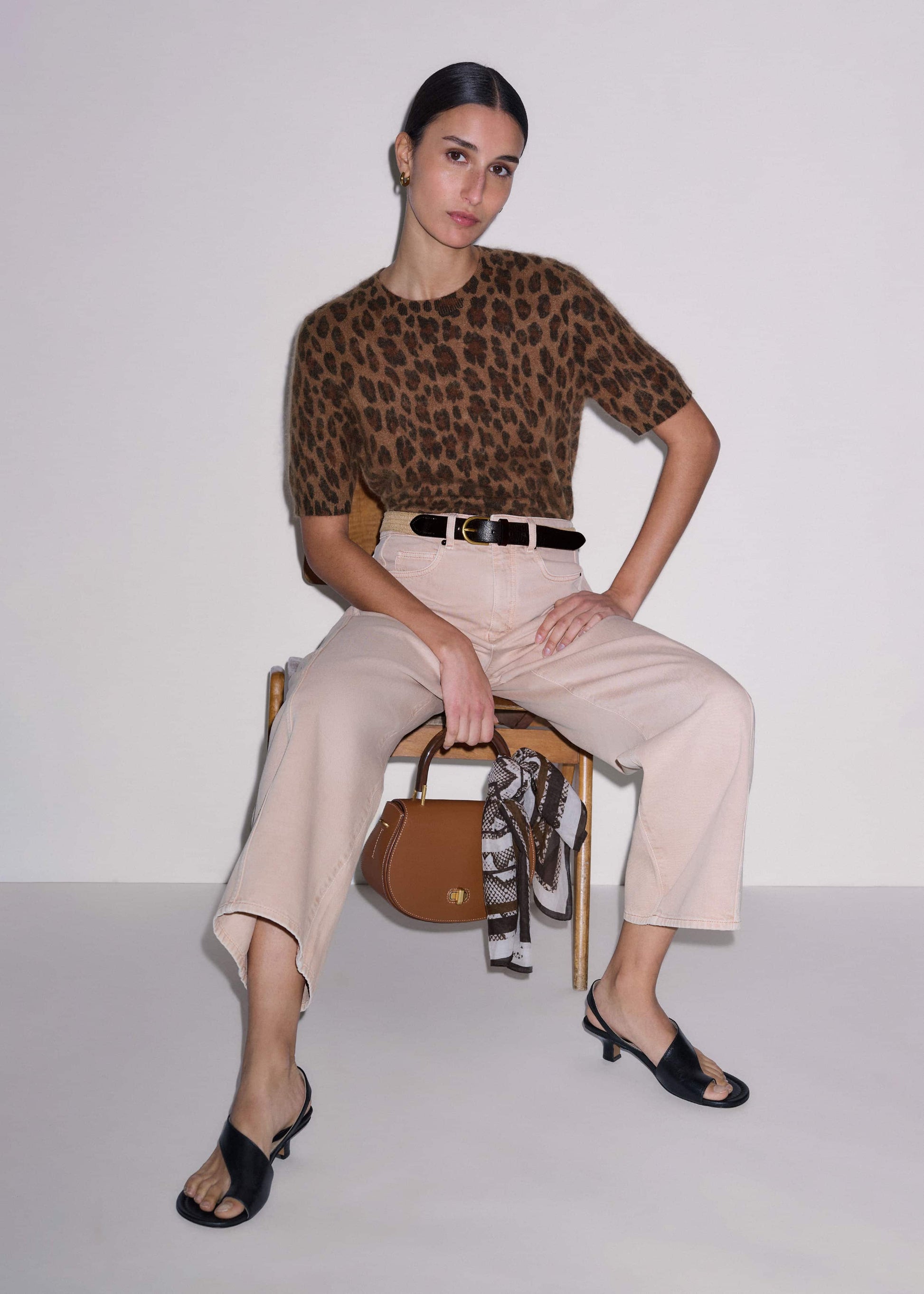 Brown Merino Cashmere Leopard Print Straight Knit Tee