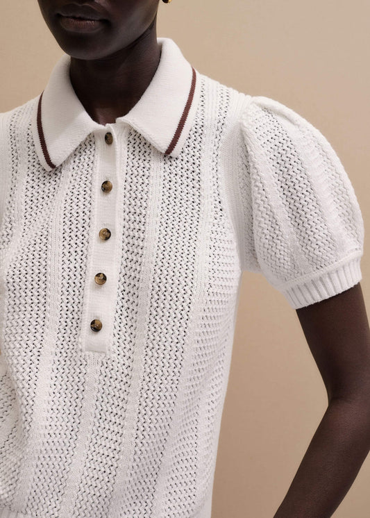 Cream Pointelle Pouf Sleeve Sporty Smart Polo Top