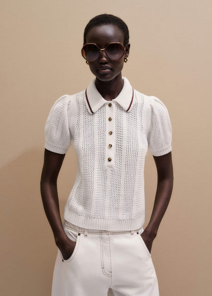 Cream Pointelle Pouf Sleeve Sporty Smart Polo Top