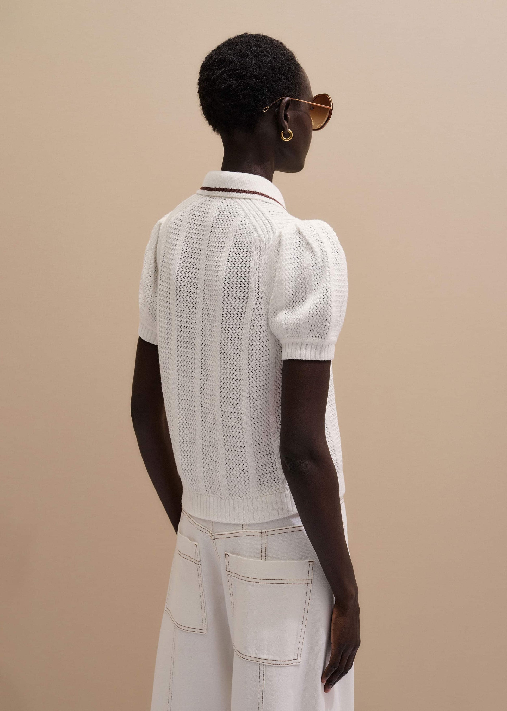 Cream Pointelle Pouf Sleeve Sporty Smart Polo Top