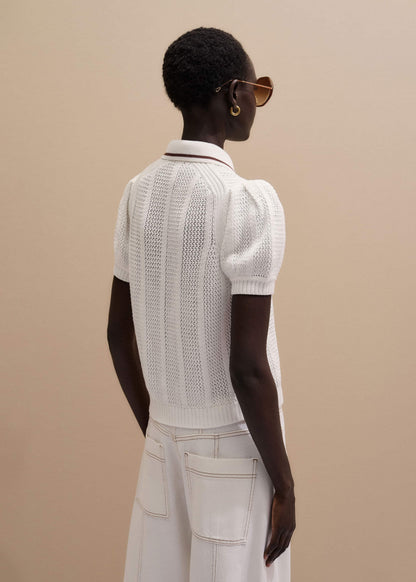 Cream Pointelle Pouf Sleeve Sporty Smart Polo Top