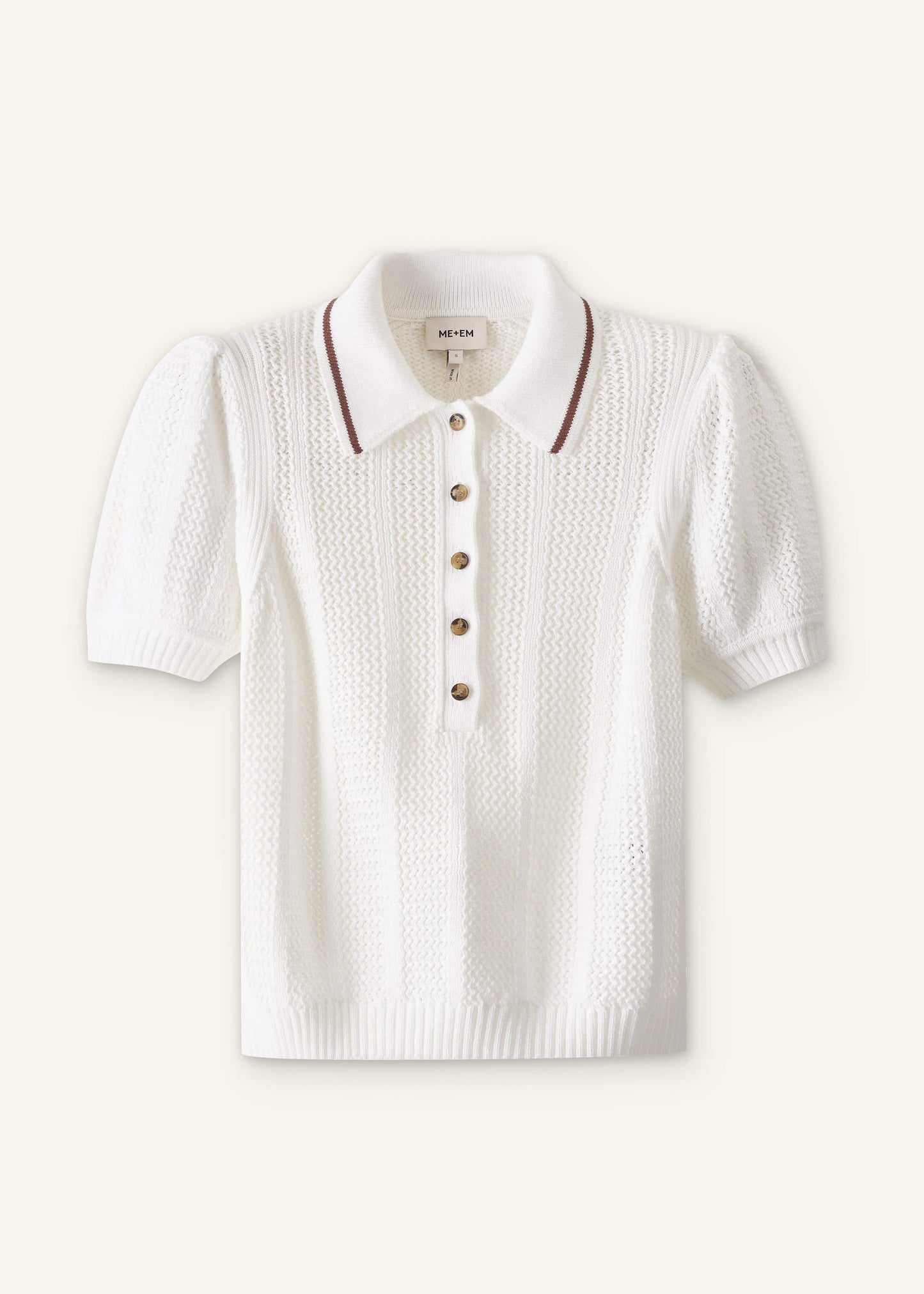 Cream Pointelle Pouf Sleeve Sporty Smart Polo Top