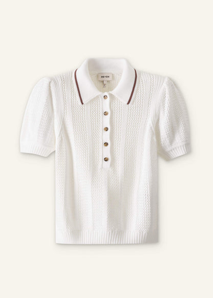 Cream Pointelle Pouf Sleeve Sporty Smart Polo Top