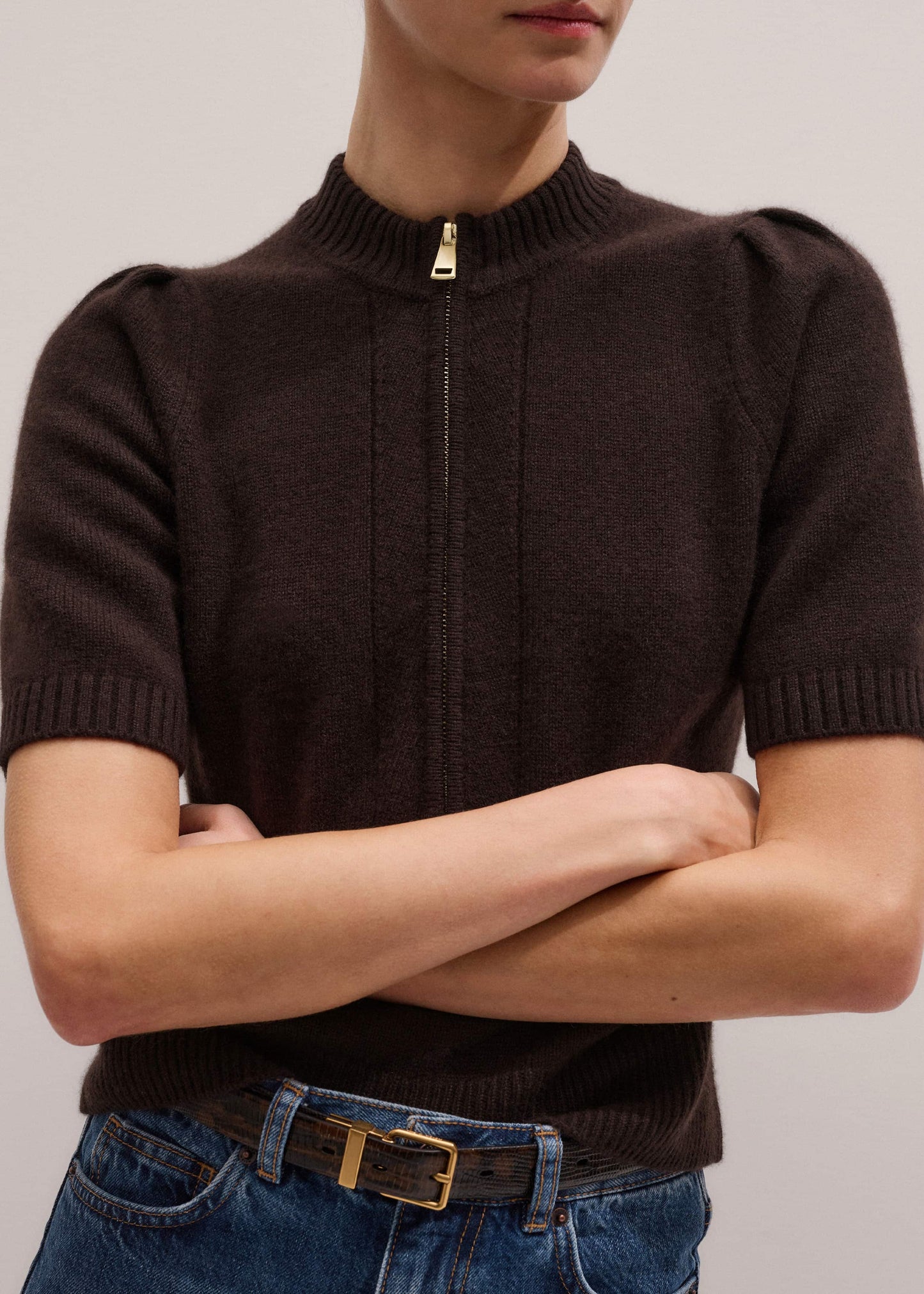 Brown Cashmere Zip Neck Pouf Sleeve Knit Tee