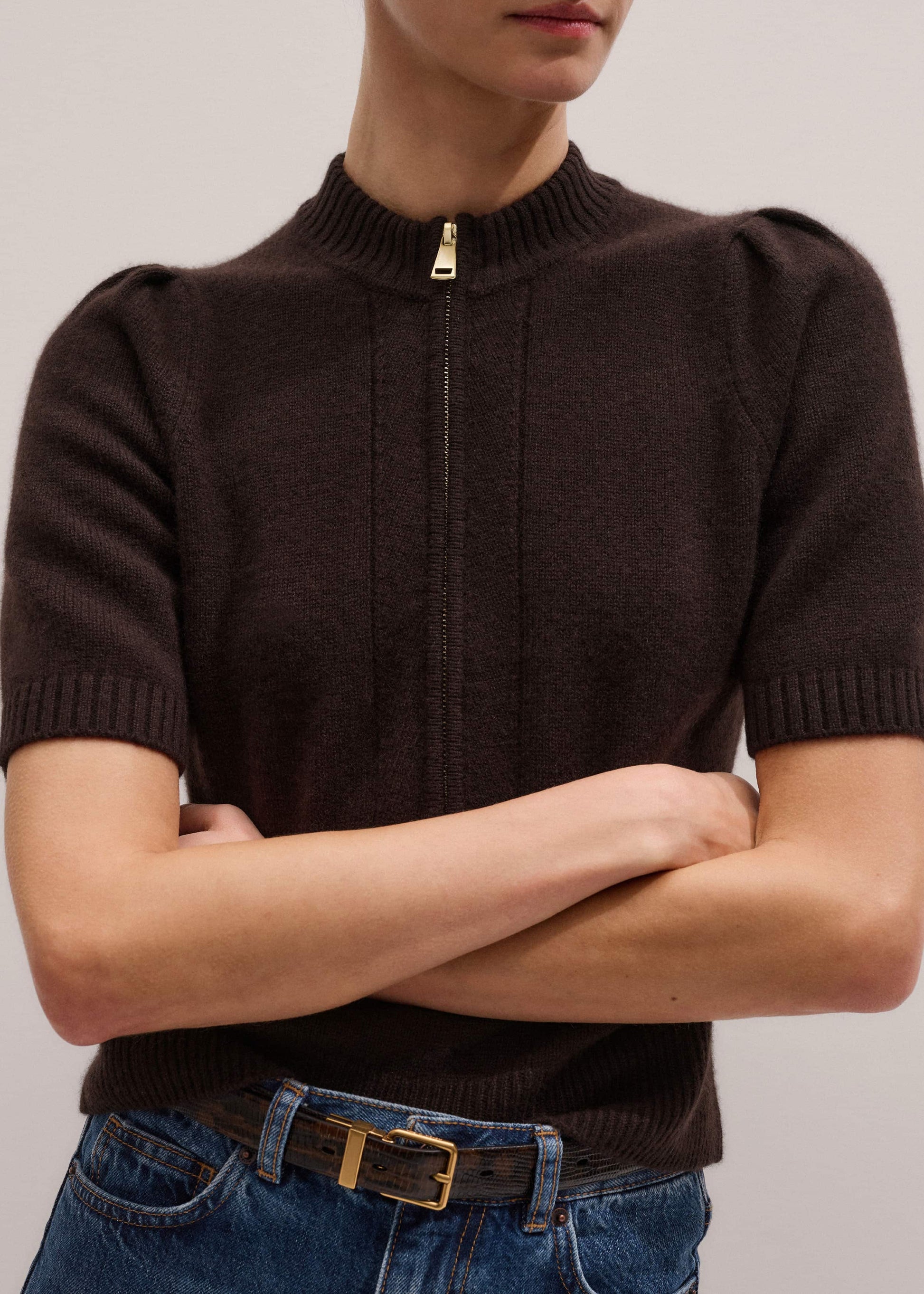 Brown Cashmere Zip Neck Pouf Sleeve Knit Tee