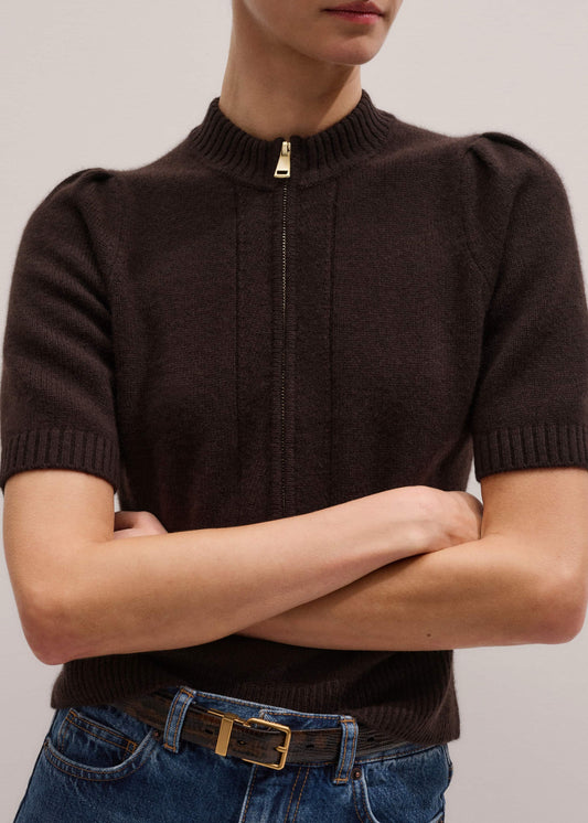 Brown Cashmere Zip Neck Pouf Sleeve Knit Tee