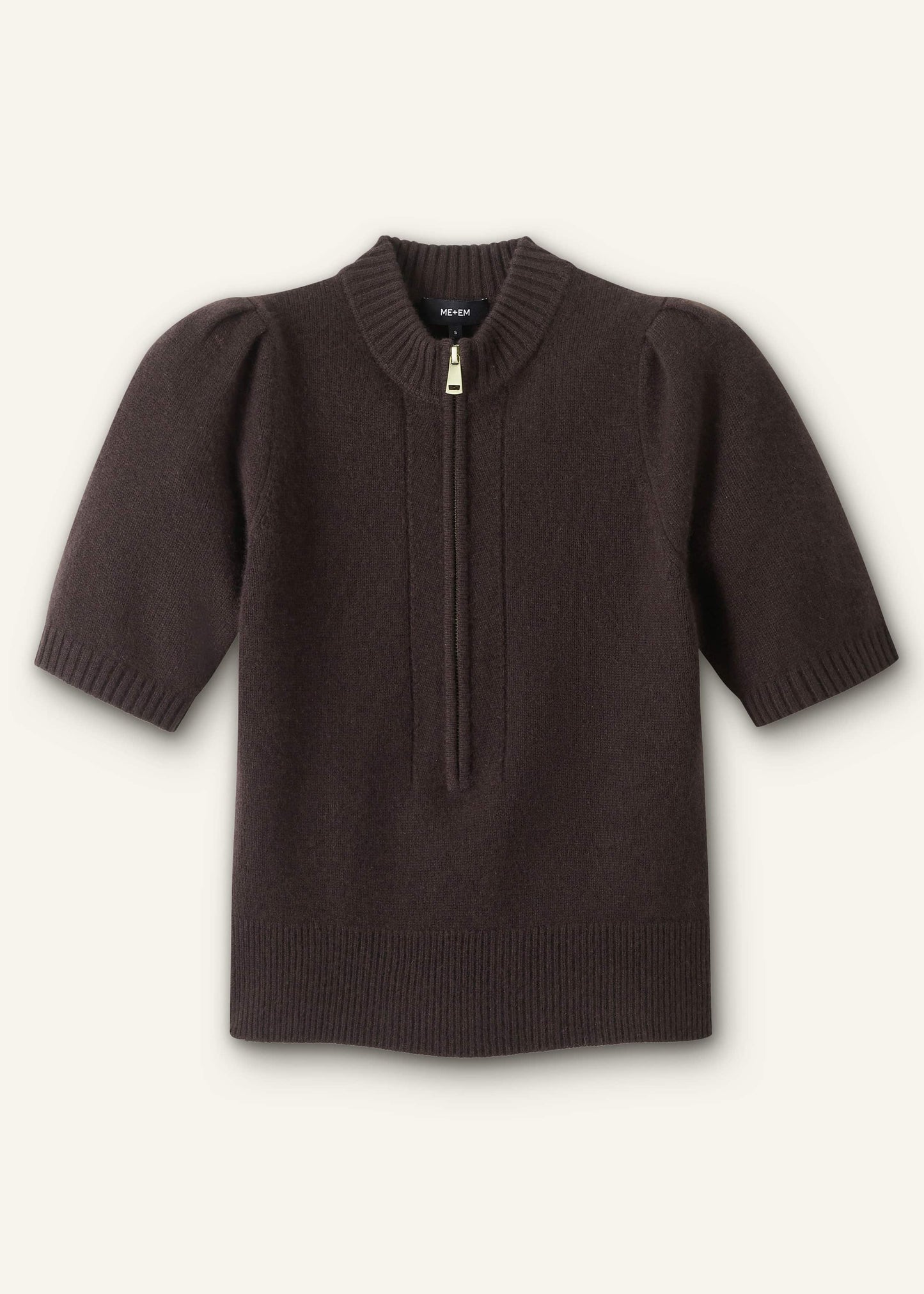 Brown Cashmere Zip Neck Pouf Sleeve Knit Tee