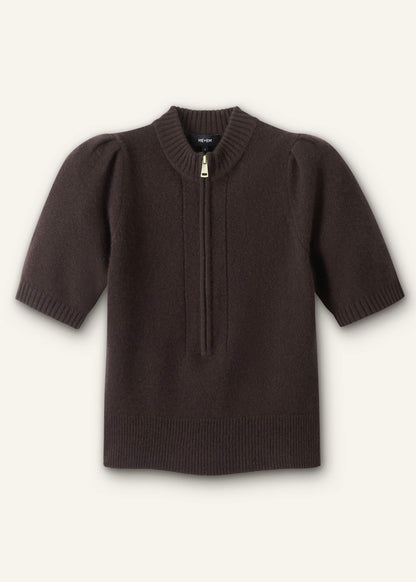 Brown Cashmere Zip Neck Pouf Sleeve Knit Tee
