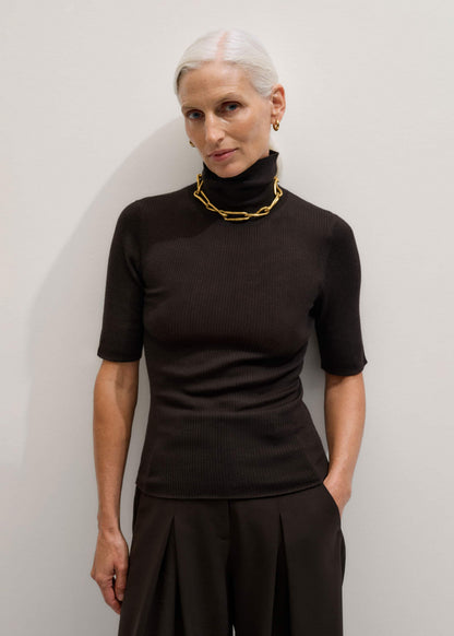 Brown Superfine Ribbed Roll Neck Tee