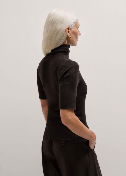 Brown Superfine Ribbed Roll Neck Tee