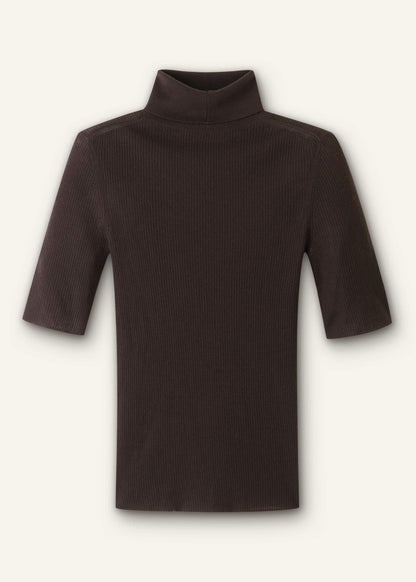 Brown Superfine Ribbed Roll Neck Tee
