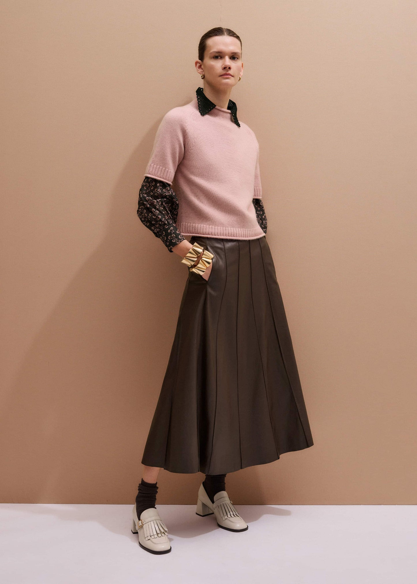 Pink Cashmere Roll Trim Knit Tee