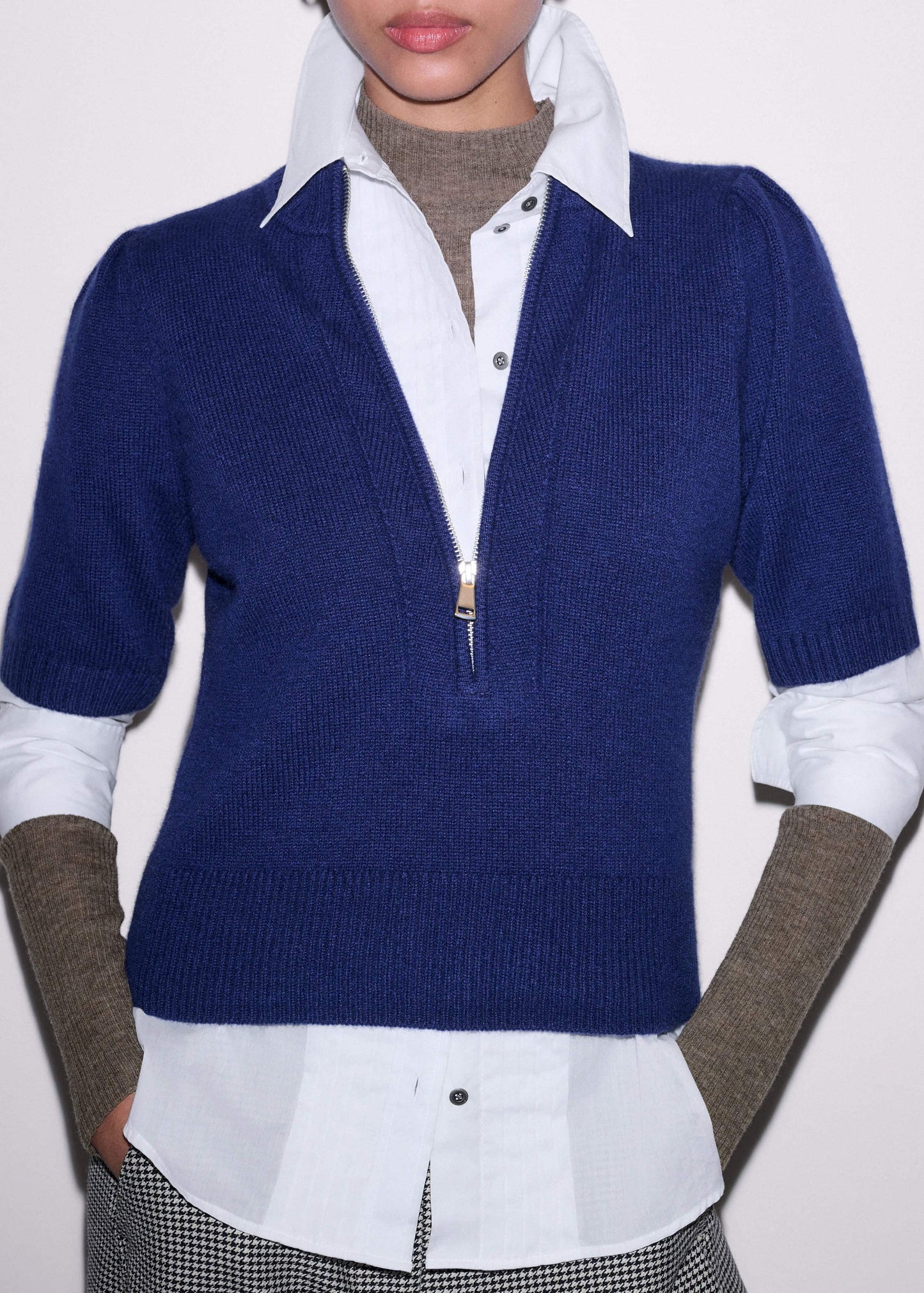 Blue Cashmere Zip Neck Pouf Sleeve Knit Tee