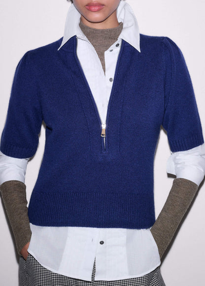 Blue Cashmere Zip Neck Pouf Sleeve Knit Tee