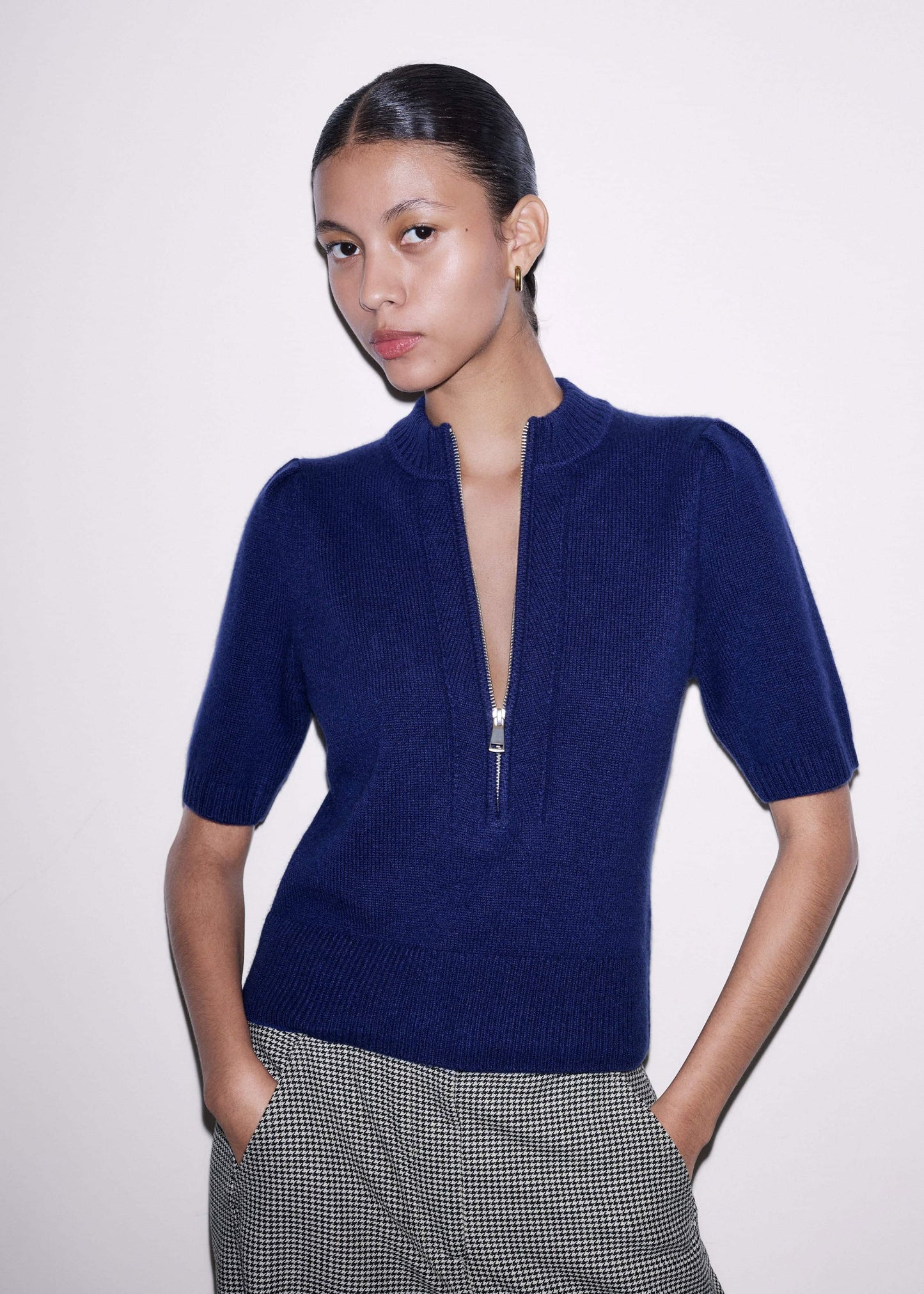 Blue Cashmere Zip Neck Pouf Sleeve Knit Tee