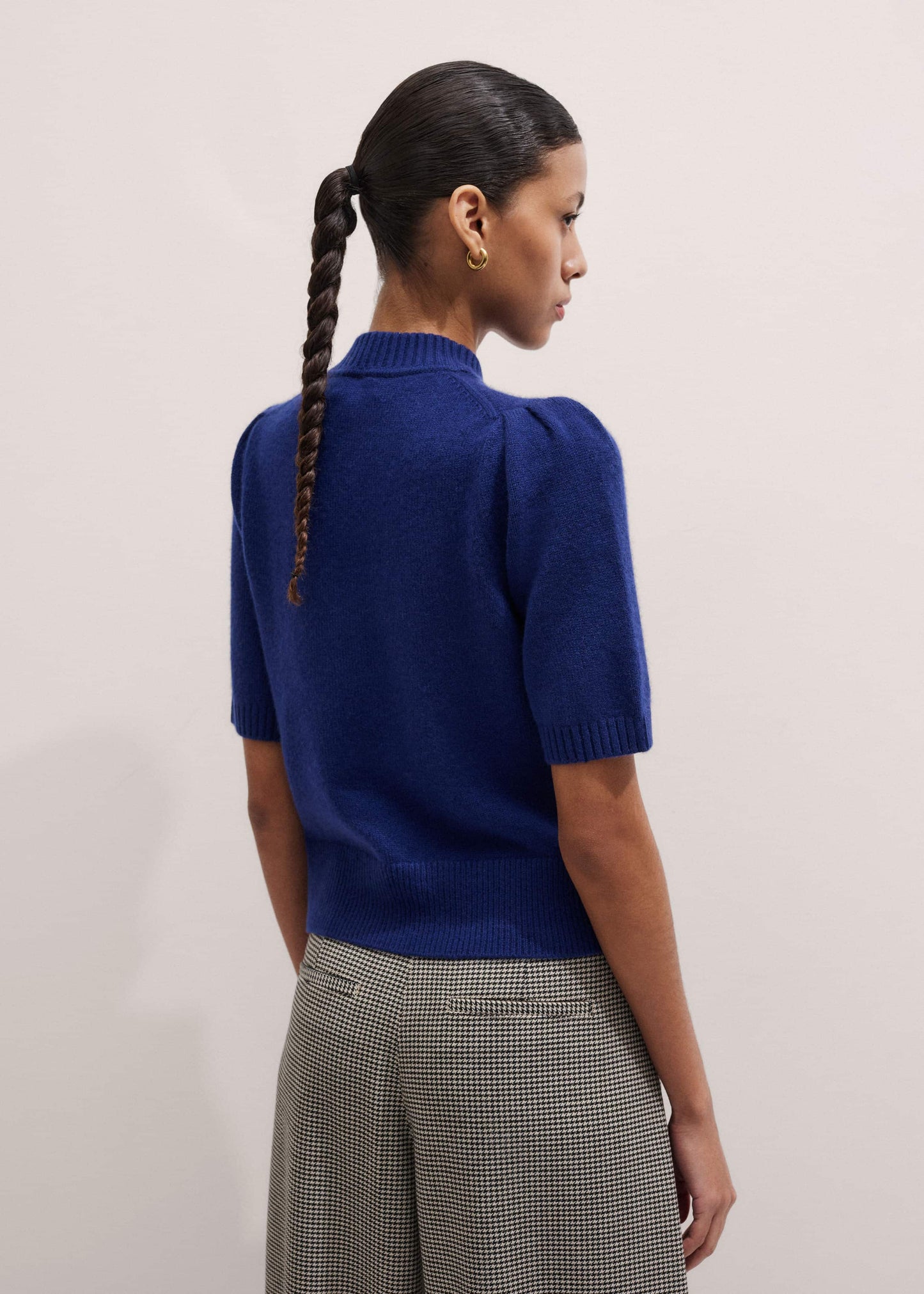 Blue Cashmere Zip Neck Pouf Sleeve Knit Tee