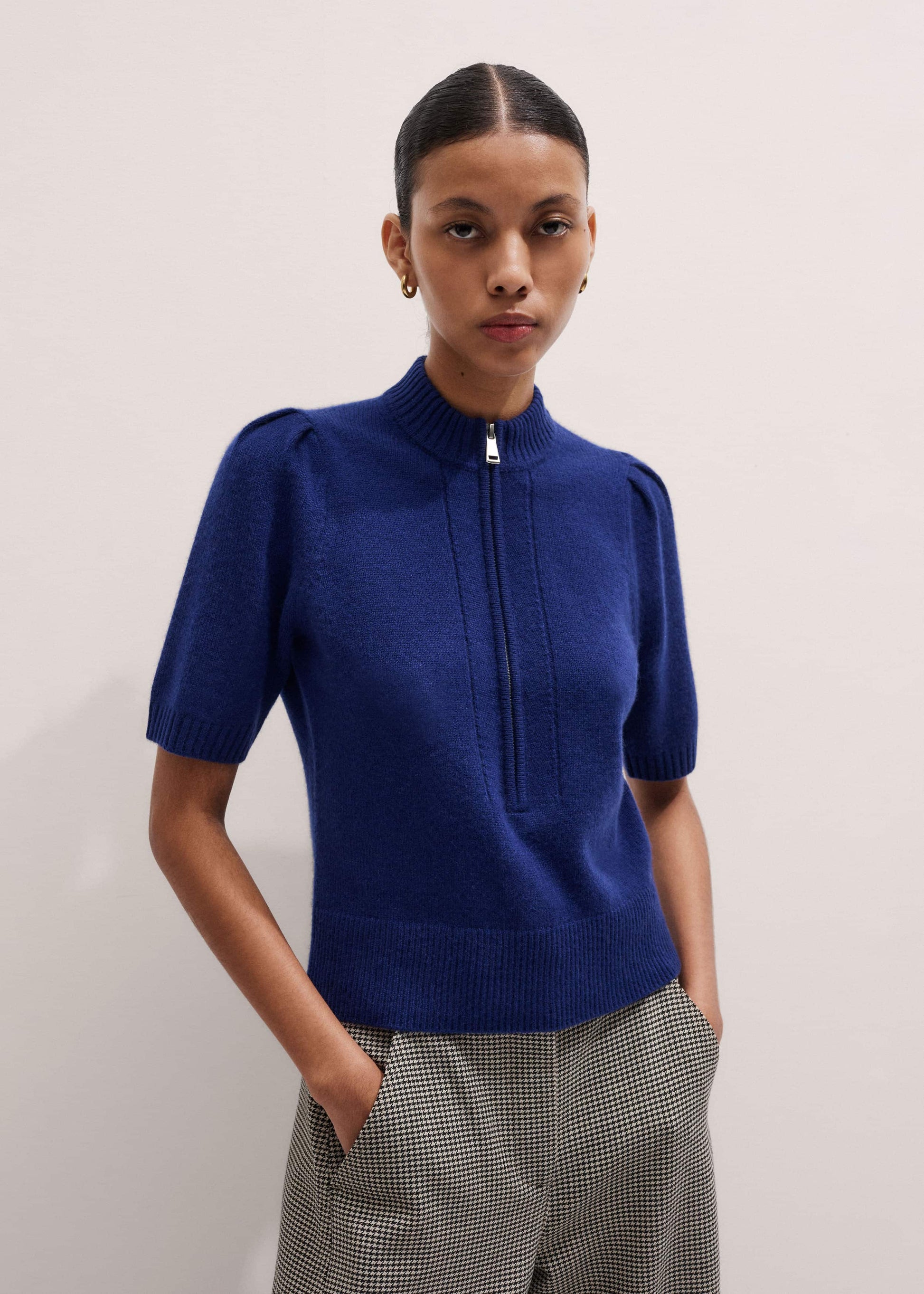 Blue Cashmere Zip Neck Pouf Sleeve Knit Tee
