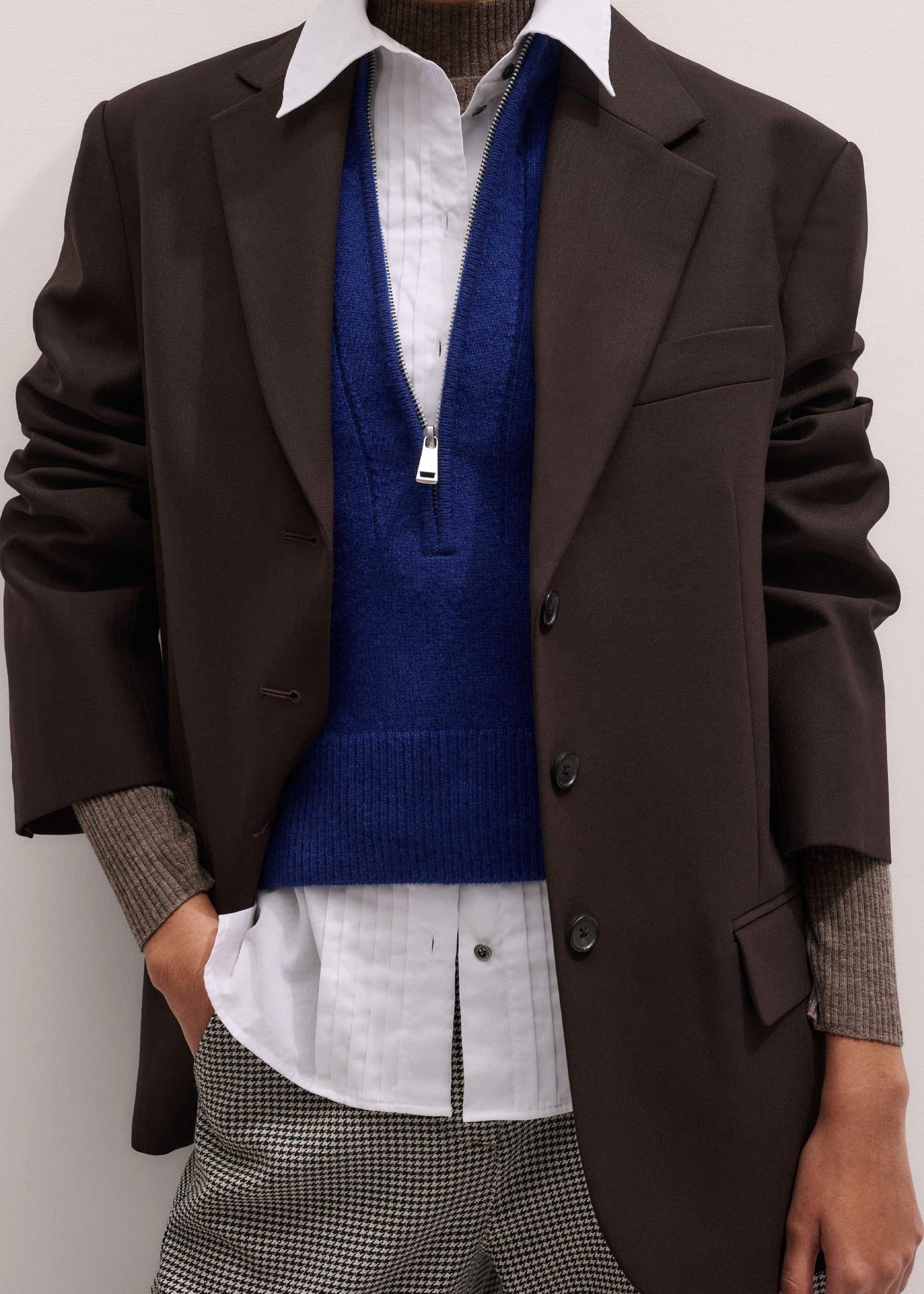 Blue Cashmere Zip Neck Pouf Sleeve Knit Tee