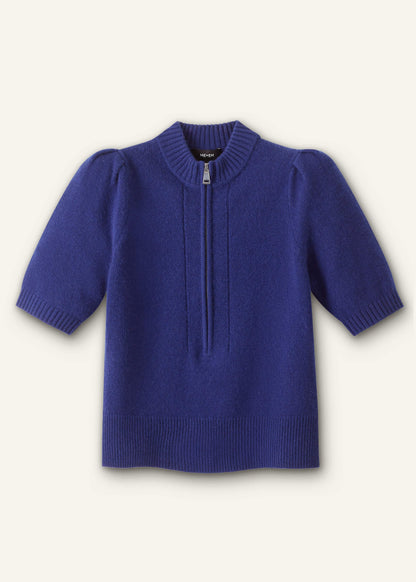Blue Cashmere Zip Neck Pouf Sleeve Knit Tee