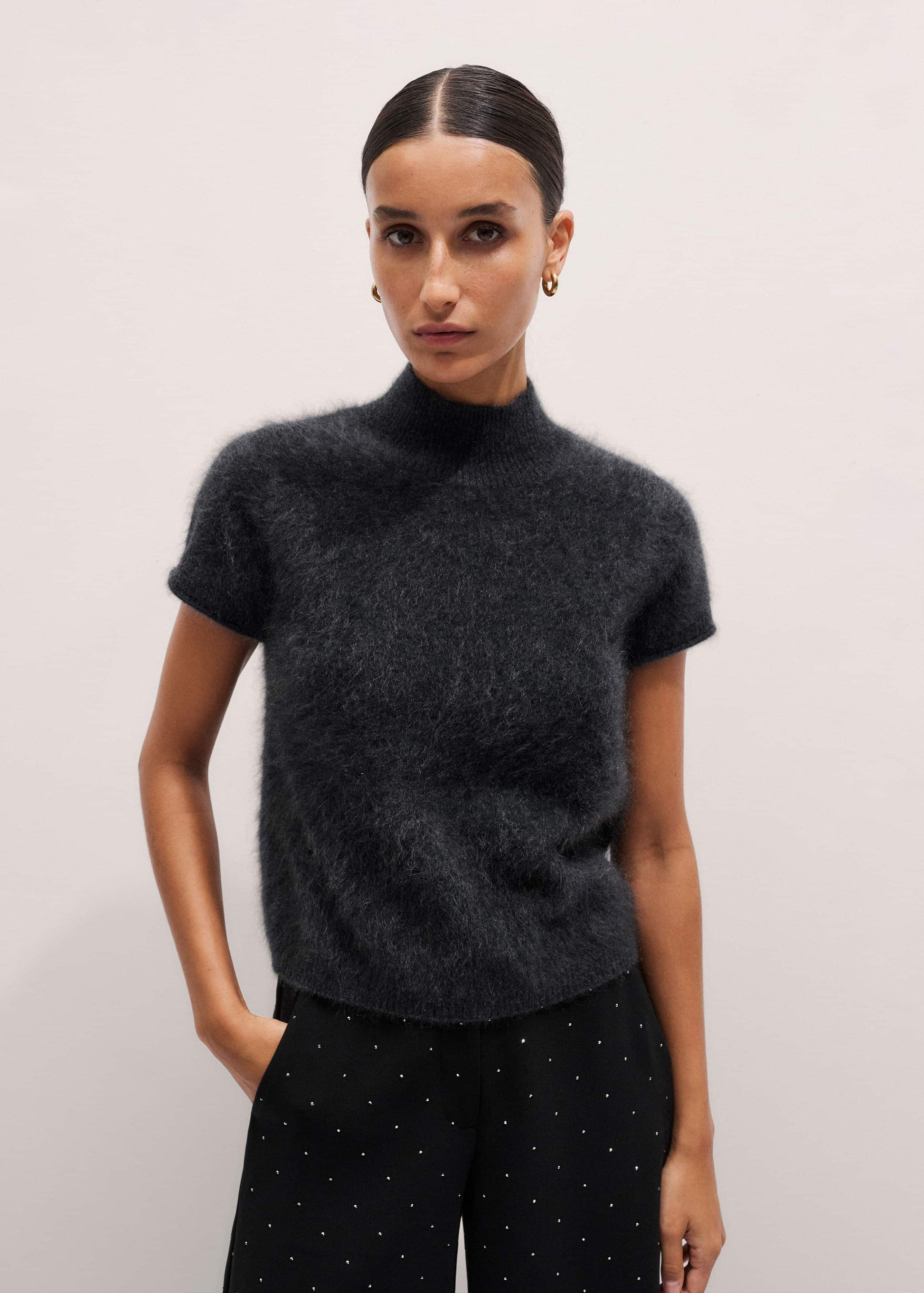 Gray Brushed Cashmere High Neck Baby Tee