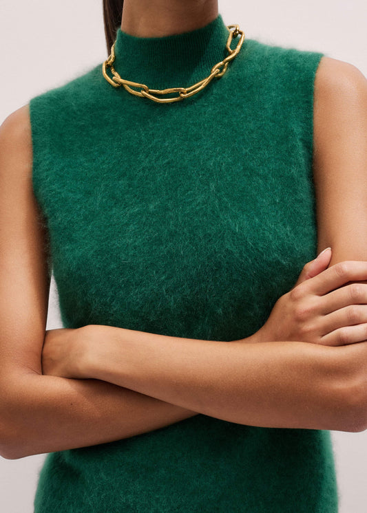Green Brushed Cashmere High Neck Slim Sweater Vest