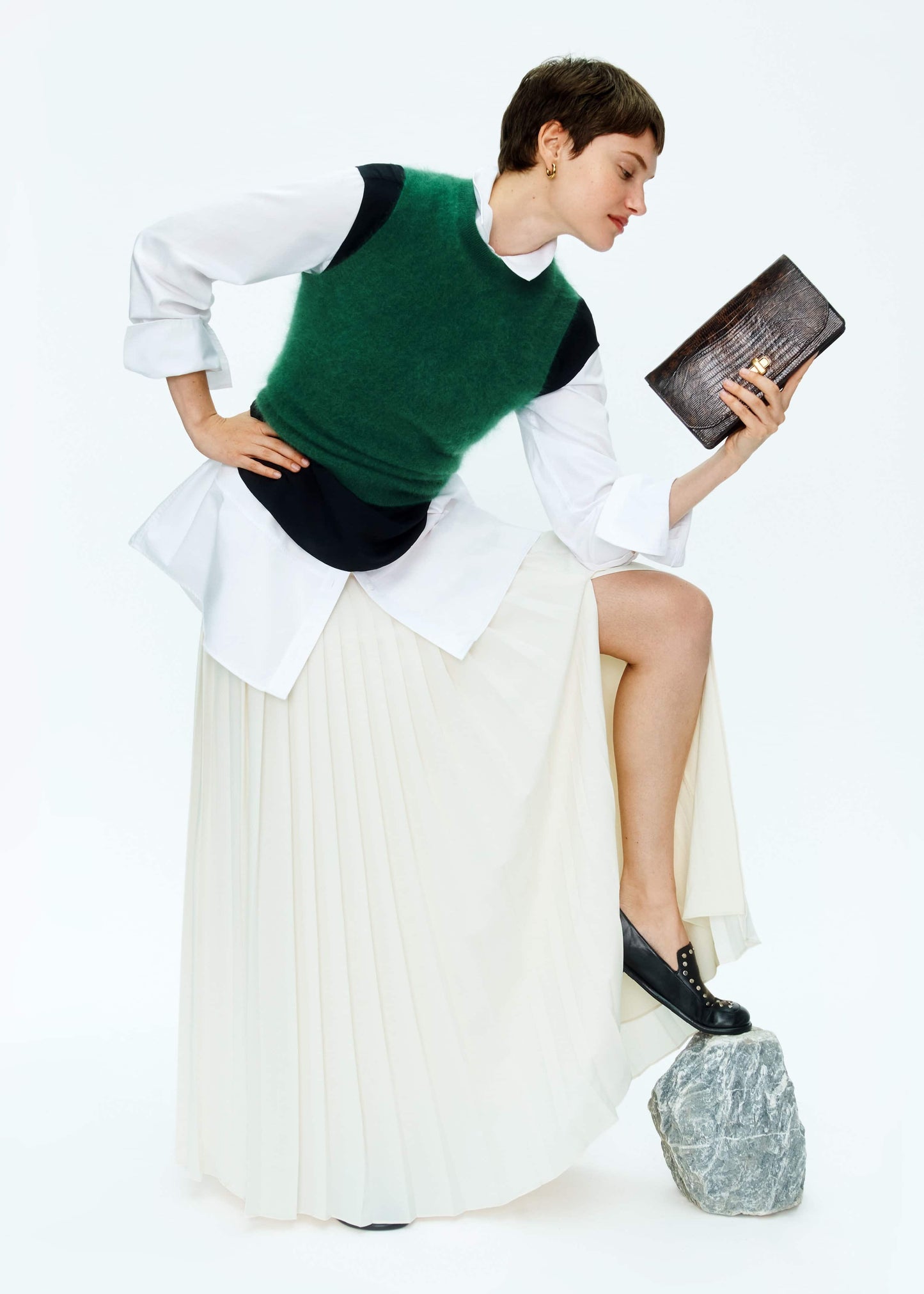 Green Brushed Cashmere High Neck Slim Sweater Vest