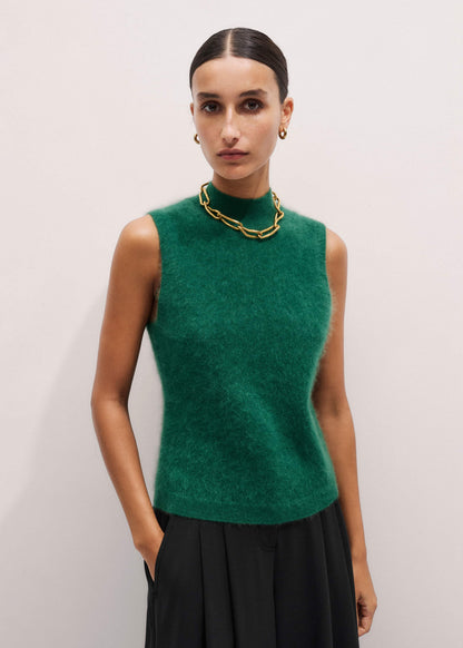 Green Brushed Cashmere High Neck Slim Sweater Vest