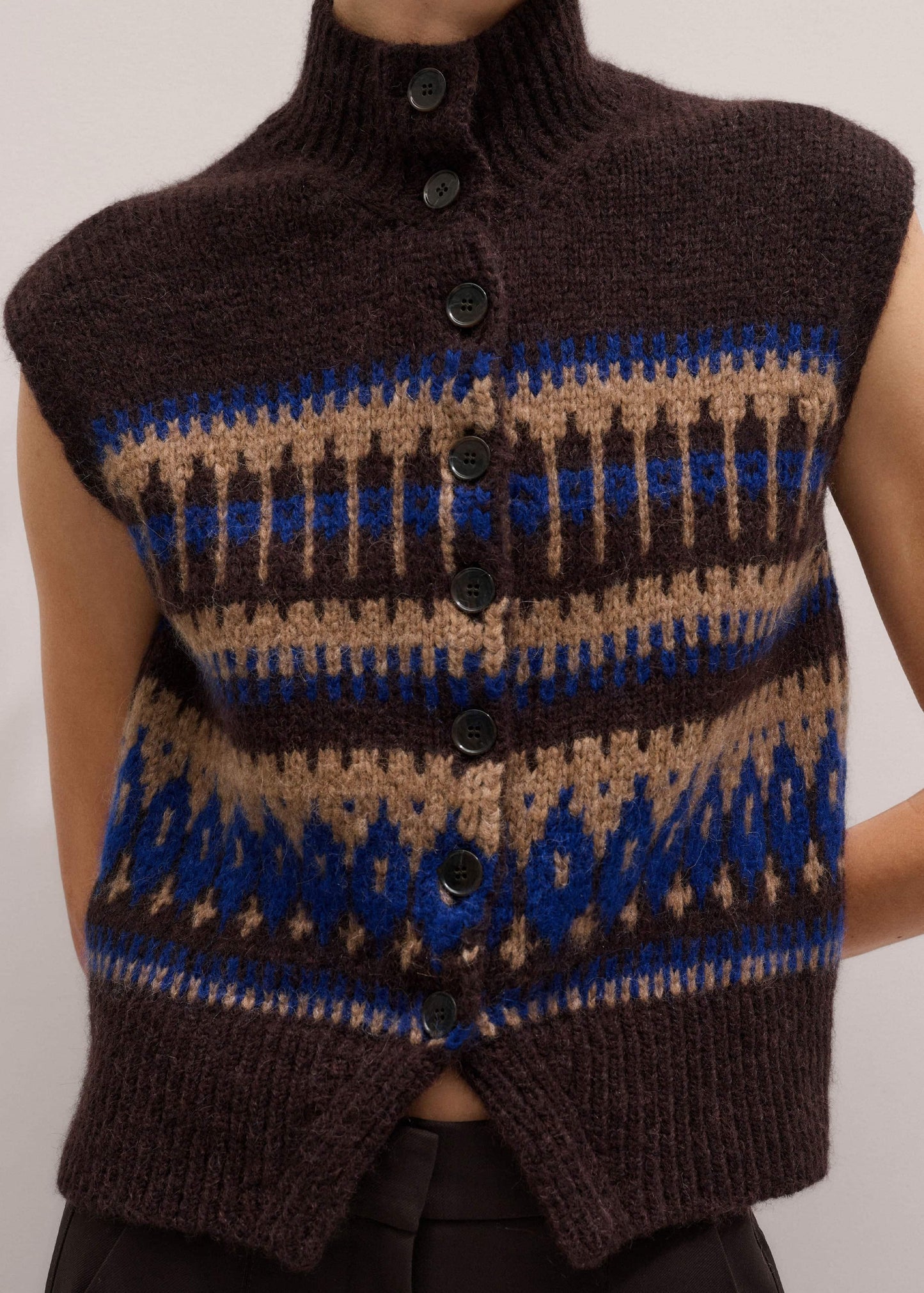 Brown Button-Through Relaxed Jacquard Vest