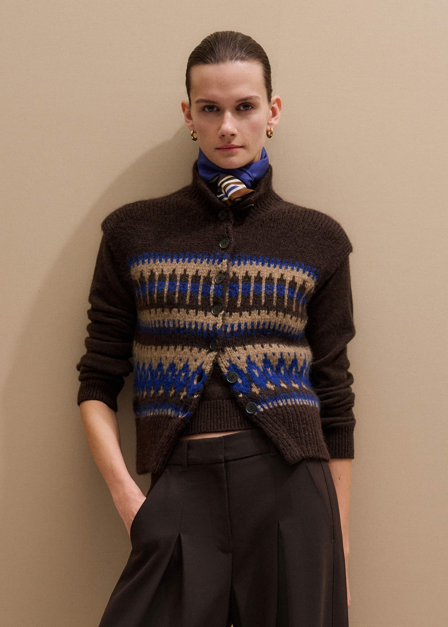 Brown Button-Through Relaxed Jacquard Vest