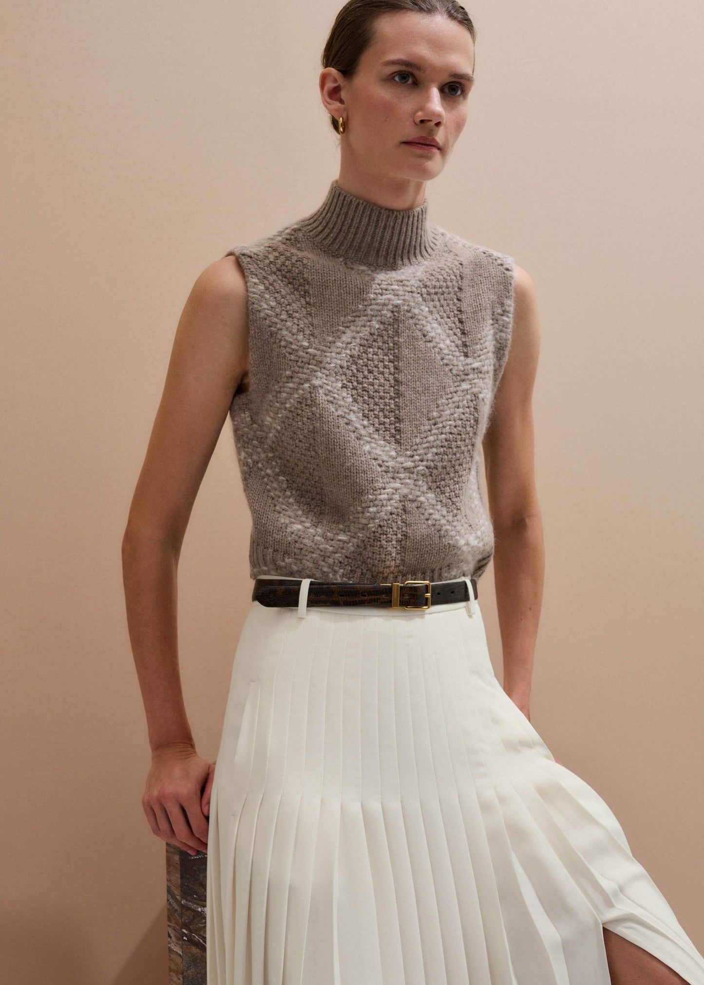Brown Merino Statement Textured Argyle Sweater Vest