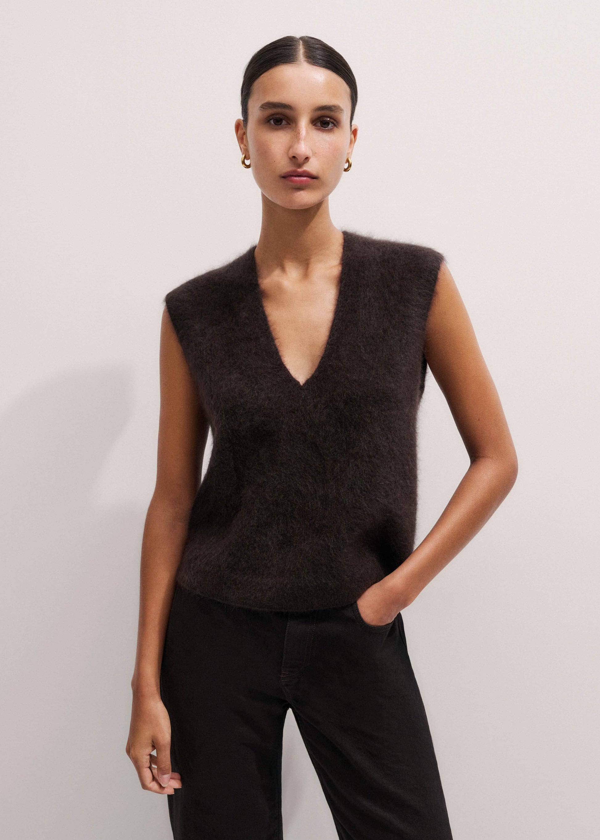 Brown Brushed Cashmere V-Neck Sweater Vest
