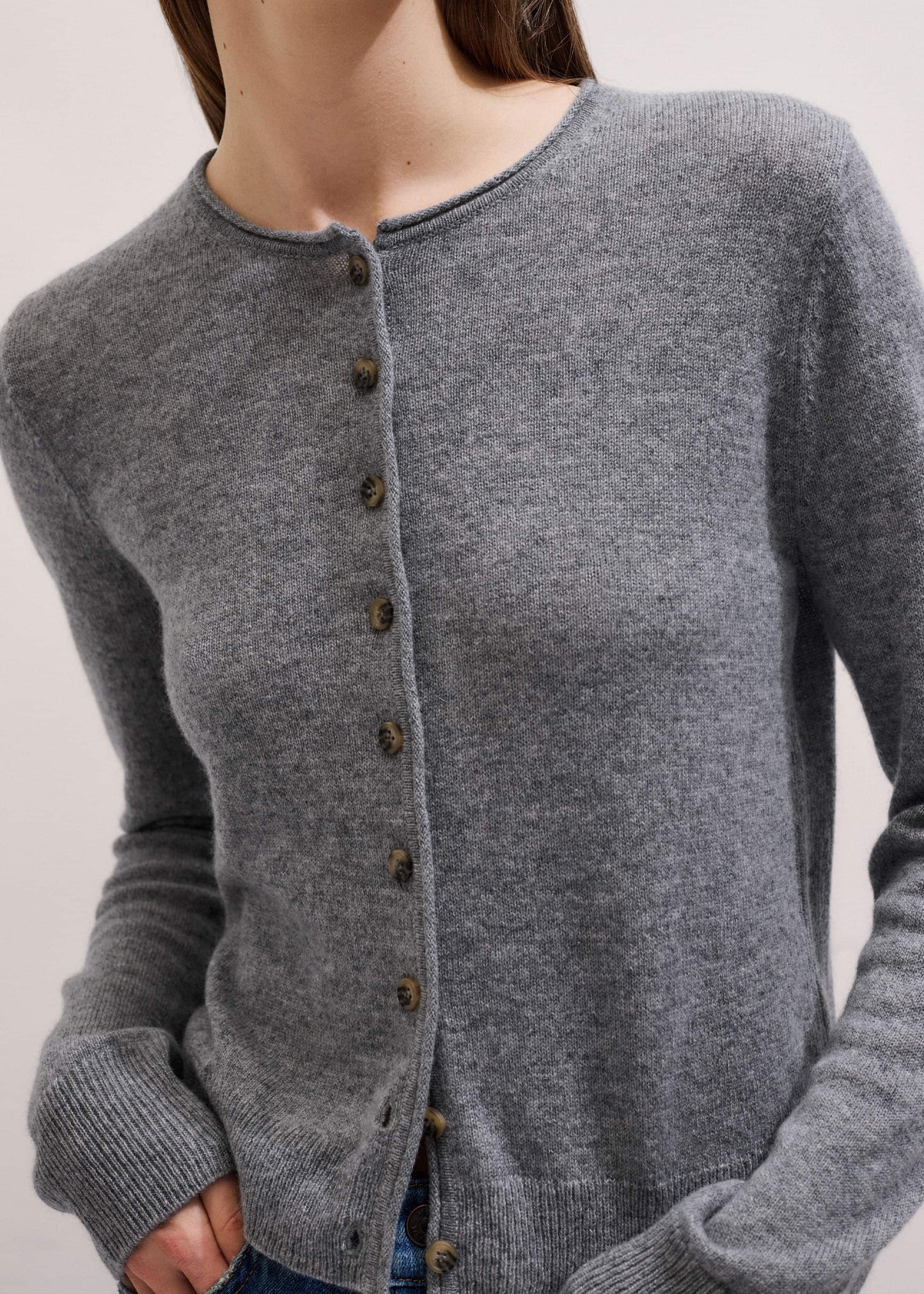 Gray Cashmere Roll Trim Straight Cardigan