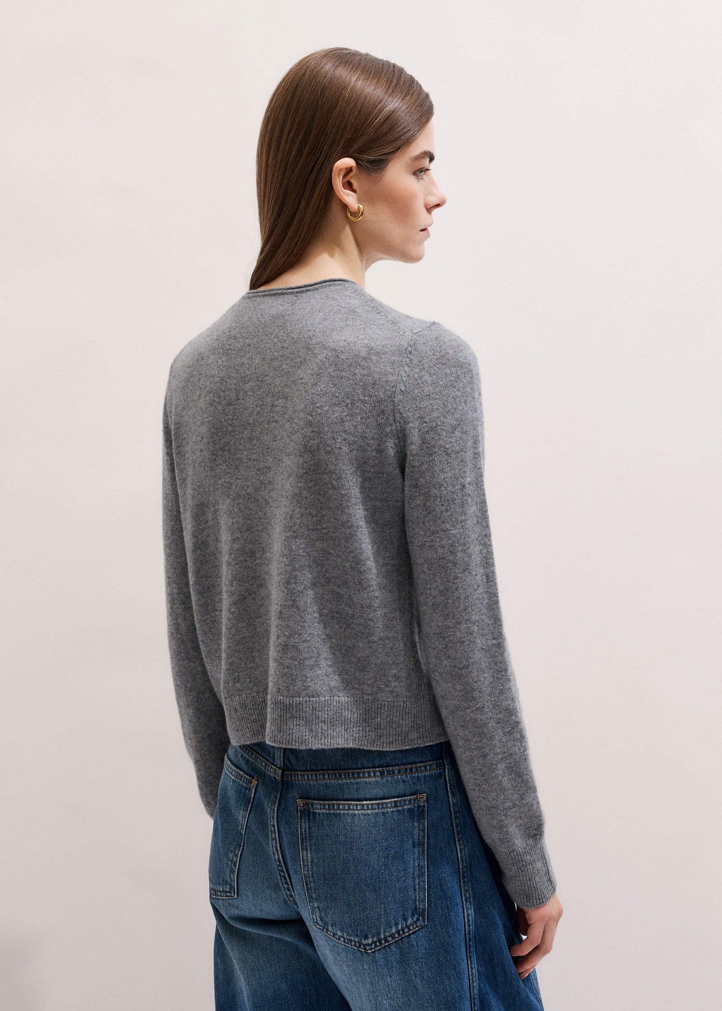 Gray Cashmere Roll Trim Straight Cardigan