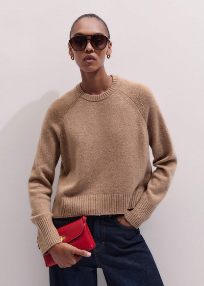 Brown Cashmere Curved Hem Raglan Sweater + Snood