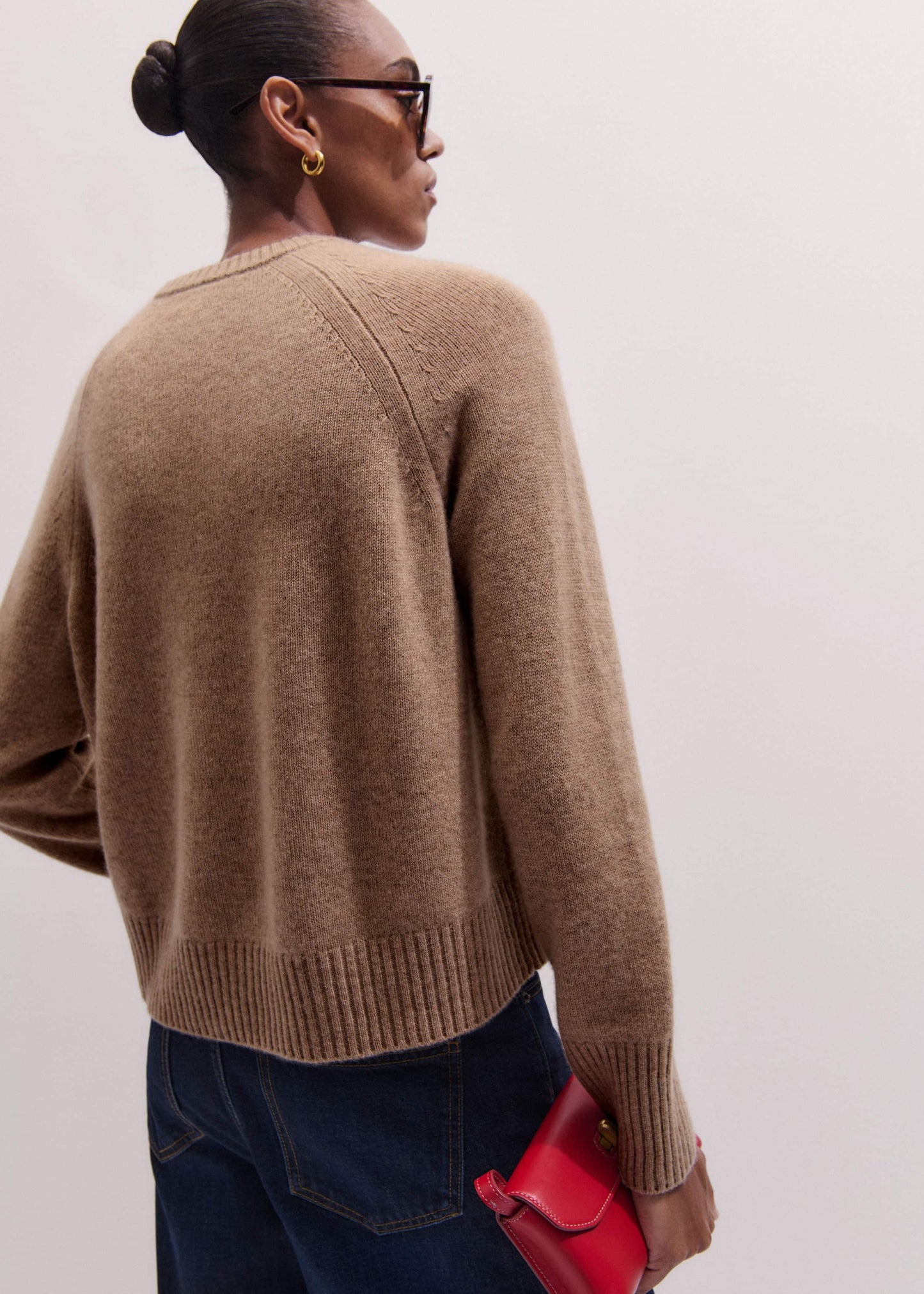 Brown Cashmere Curved Hem Raglan Sweater + Snood