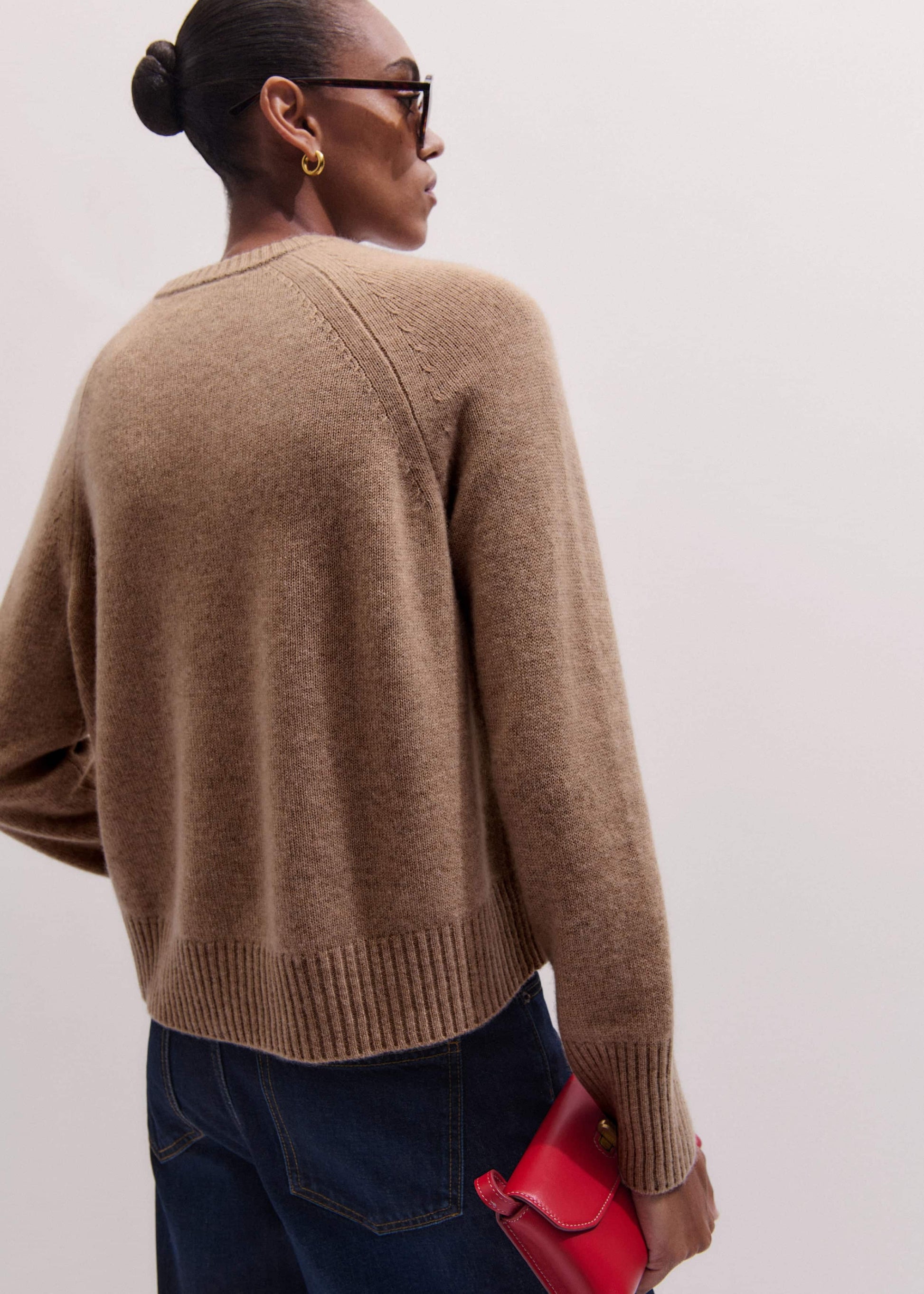 Brown Cashmere Curved Hem Raglan Sweater + Snood