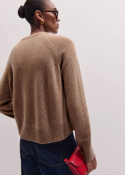 Brown Cashmere Curved Hem Raglan Sweater + Snood