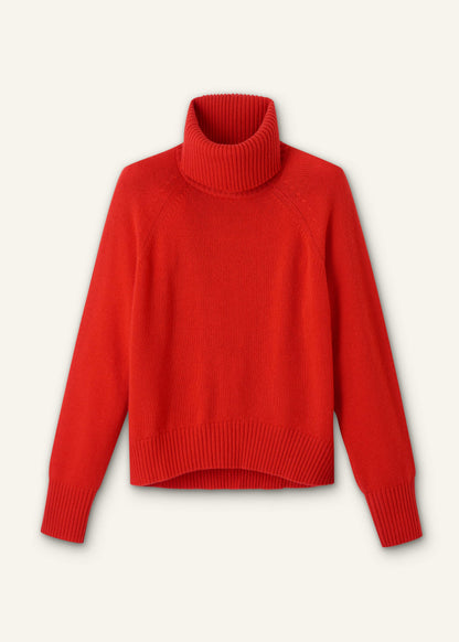 Red Cashmere Curved Hem Raglan Sweater + Snood