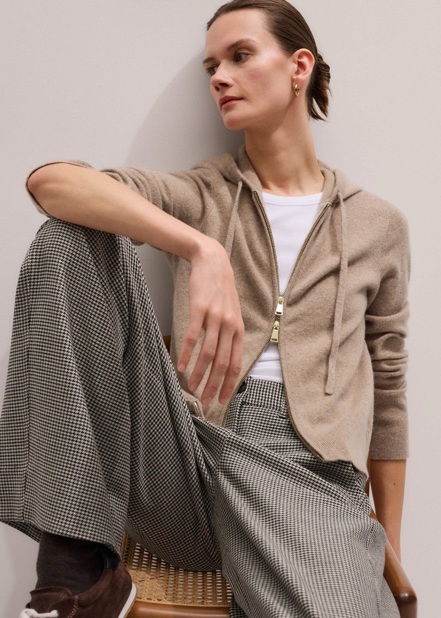 Light Brown Cashmere Two-Way Zip Straight Hoodie