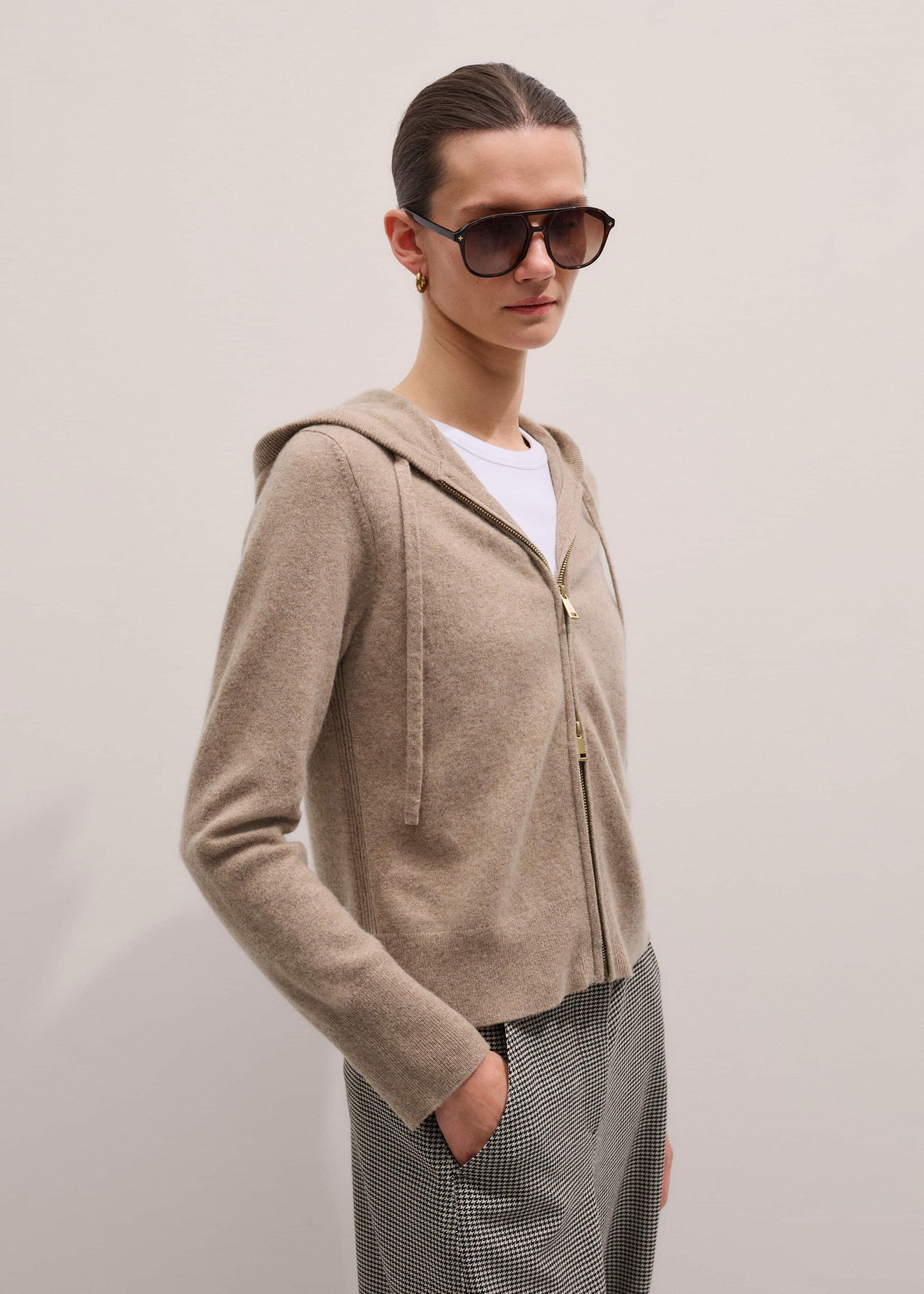 Light Brown Cashmere Two-Way Zip Straight Hoodie